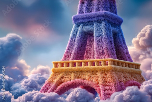 Fototapeta Whimsical tower wrapped in soft, colorful fur rises above the clouds, creating a dreamlike and fantastical architectural vision.