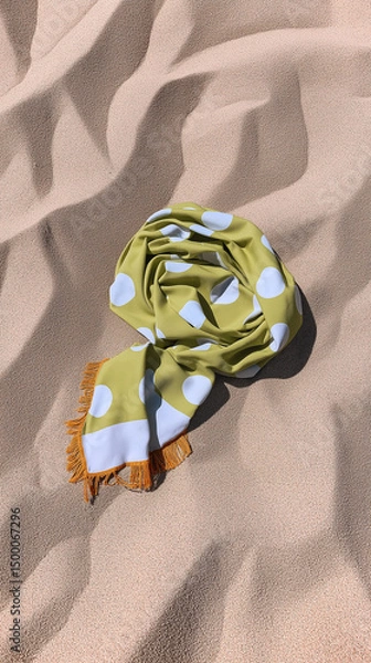 Fototapeta A light green and white polka dot towel is scrunched up on a tan sandy beach in bright sunlight, fringed with orange tassels.