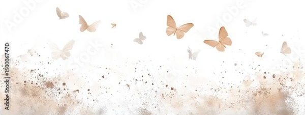Fototapeta Delicate butterflies in light beige, floating amidst a soft, textured background of light brown particles