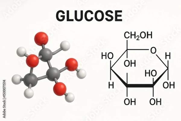 Obraz Glucose molecule and chemical structure illustration of simple sugar compound. concept of chemistry, molecular science, educational diagram, organic compound study white background