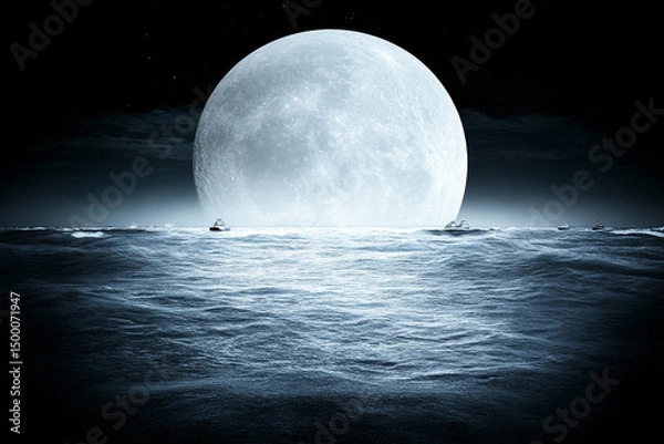 Fototapeta Surreal landscape with a giant moon illuminating floating ships over dark waters