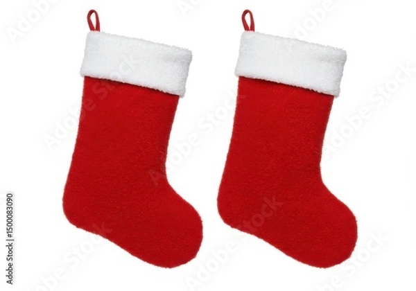 Fototapeta Two red christmas stockings with white fur cuffs isolated on white background