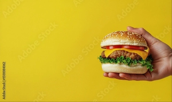 Obraz Man holding beef burger in his hand, yellow color background with copy space, hight detailed upscaled image