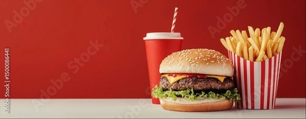 Obraz Beef burger, french fries and cola, close-up shot, red background with copy space