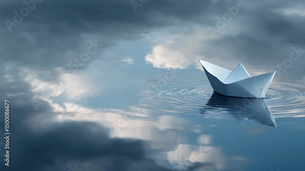 Obraz Serene White Paper Boat Floating on Calm Blue Water Under Cloudy Sky with Gentle Ripples