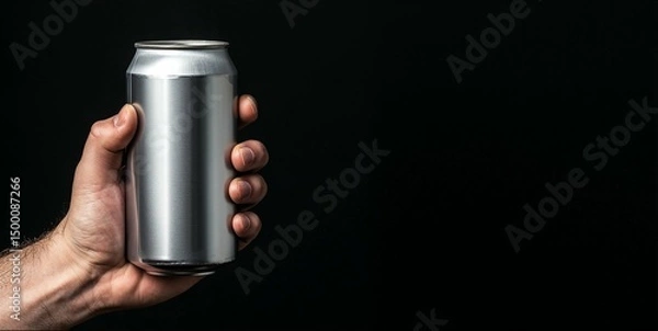 Obraz Hand holding aluminum can, black background with copy space