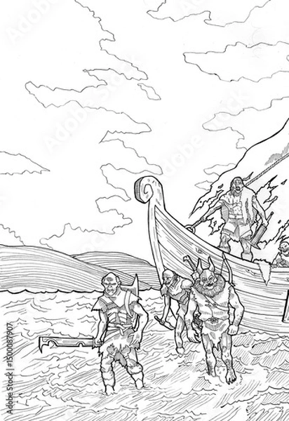 Obraz fleet of orcs traditional ink illustration