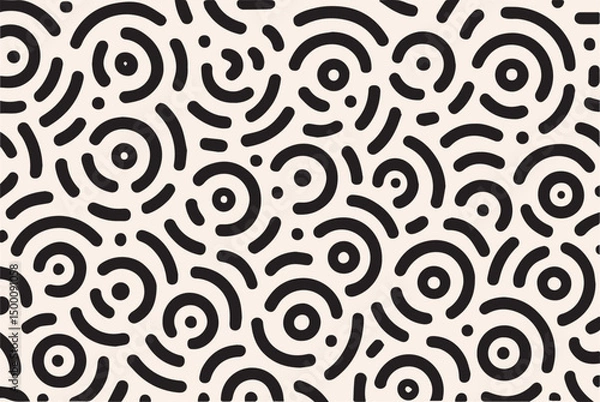 Fototapeta Memphis geometric seamless pattern. Abstract  background with circles, short rounded lines and dots. Fun kid doodle design element for cover, poster, banner, label, textile, wrapping