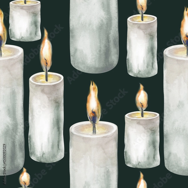 Fototapeta Seamless pattern with burning candles on a dark green background. The elements are hand-drawn. Watercolor illustration with light lighted candles creating a festive mood. Christmas. Halloween.