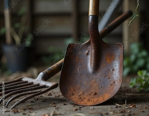 Obraz Rusty garden tools on a weathered surface.