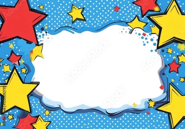 Fototapeta Blue background with a large white blank space in the center, yellow and red stars on top of blue dots, comic book style, bright colors, a white polka dot border around the frame, a cheerful atmospher