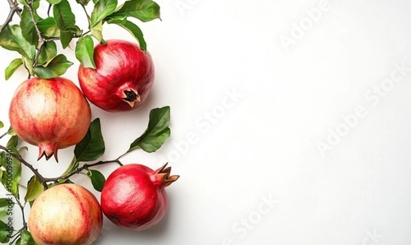 Obraz Pomegranate on branch with leaves isolated on white background with copy space