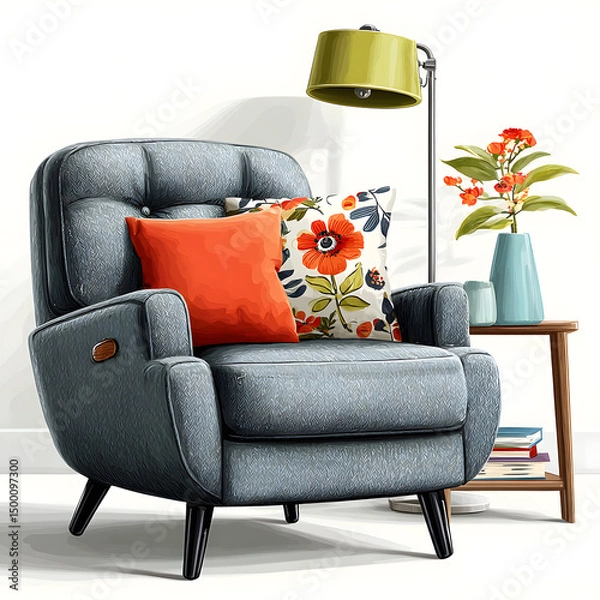 Fototapeta Armchair with Cushions and Flower Arrangement, Showing Furniture and Interior Design