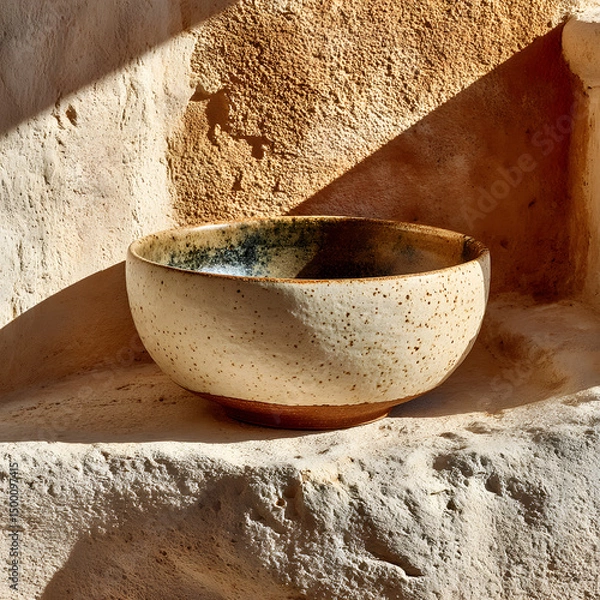 Fototapeta Earthenware bowl sitting on a rough beige stone shelf in strong sunlight