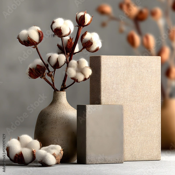 Fototapeta Minimalist Arrangement Featuring Cotton Branches in Vase with Textured Cubes