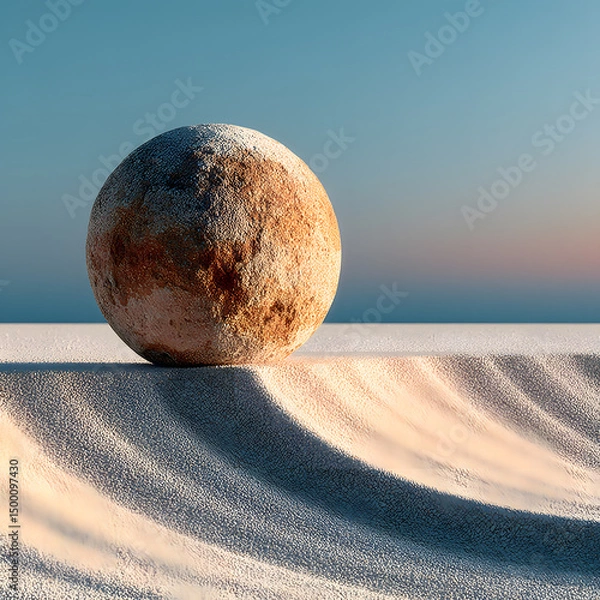 Obraz Textured sphere resting on a wavy platform in a surrealistic twilight setting