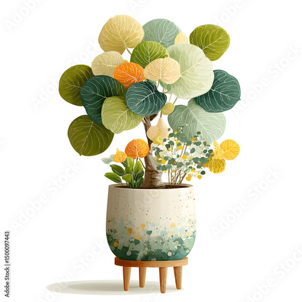 Fototapeta Potted Leaf Plant with Wooden Stand on White Background for Home Decor