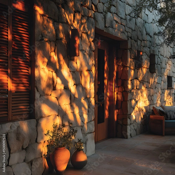 Fototapeta Sunlight Streaming on Rustic Stone Building Facade with Window Shutters and Potted Plants