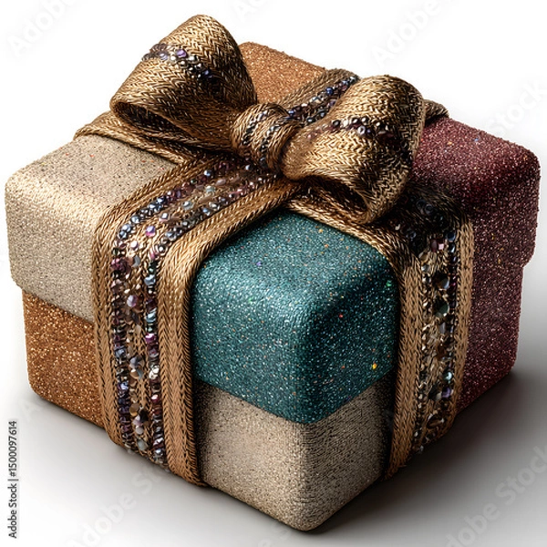 Fototapeta Luxurious Holiday Gift Box with Golden Braided Ribbon and Sequins on White