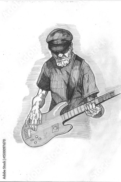Obraz Willy Quiroga - Bass player traditional ink and pen illustration