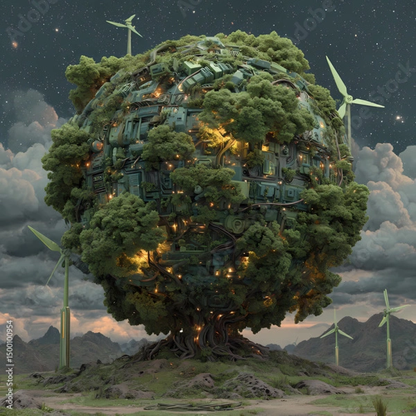 Fototapeta Innovative glowing globe made of green circuits symbolizes renewable energy solutions