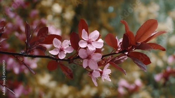 Fototapeta Close-up view of vibrant wild cherry blossoms against a backdrop of textured red foliage in early spring