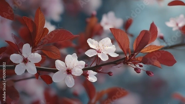 Fototapeta Close-up view of delicate wild cherry blossoms against vibrant red leaves in a serene natural setting during early spring