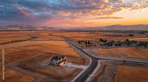 Obraz Aerial Drone View of Agricultural Landscape Transitioning to Residential Development with Farmhouse and Mountain Backdrop at Sunset