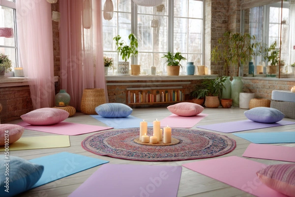 Fototapeta Cozy meditation space featuring colorful mats, soft cushions, and candles arranged in a circle, creating a serene atmosphere for relaxation and mindfulness practice