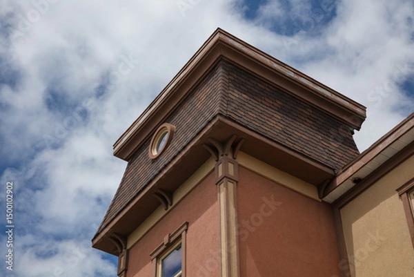 Fototapeta Vintage Building Corner with Tower and Round Window
