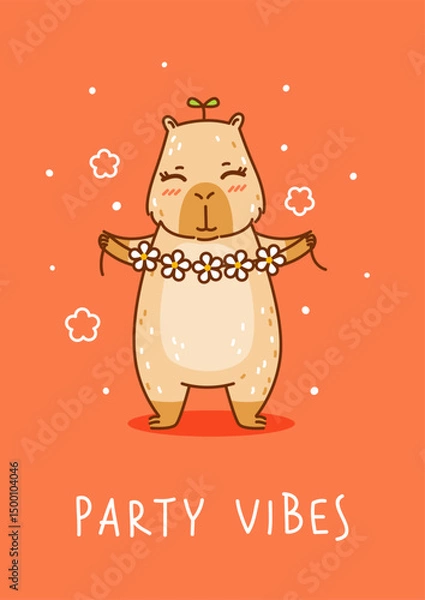 Obraz Cute сartoon capybara with floral decor on red background - funny animal for Your happy summer greeting card design