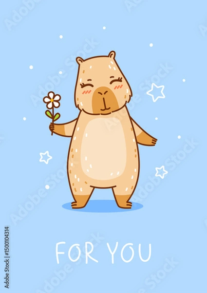Obraz Cute сartoon capybara with flower on blue background - funny animal for Your happy summer greeting card design