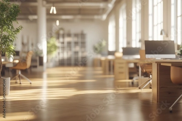 Fototapeta Blurred empty modern office interior with desks and chairs, white walls and wooden floor, 3D high-quality background, suitable for business concept