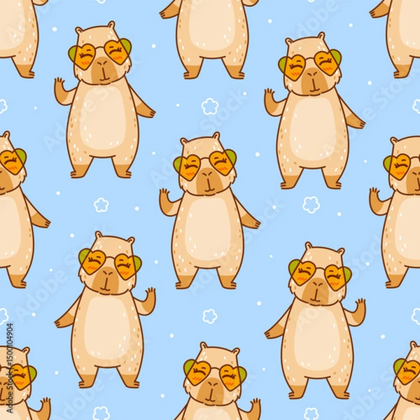 Obraz Seamless pattern with cute сartoon capybara with sun glasses on blue - funny animal background for Your happy summer design