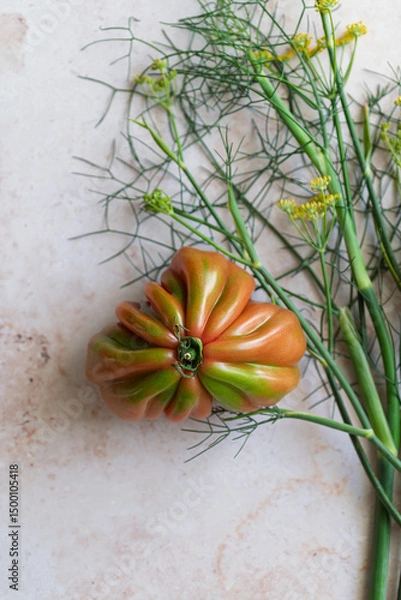 Fototapeta Fresh heirloom tomato and fennel, perfect for e-commerce listings. Showcase organic produce in your online store. Ideal for grocery, farmer’s market, or vegetable product pages.