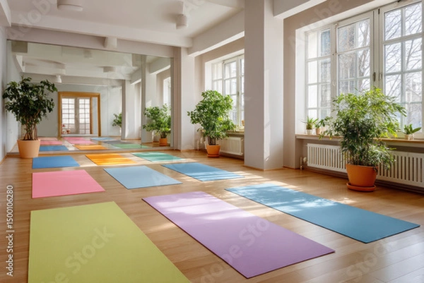 Obraz Bright and spacious yoga studio featuring colorful mats arranged on a wooden floor, surrounded by lush green plants and large windows, creating a serene and inviting atmosphere for practice