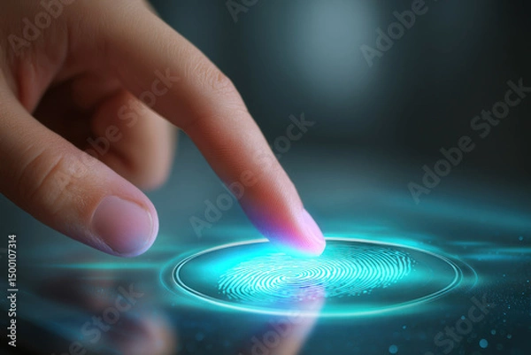 Fototapeta Close-up of a human finger gently touching a glowing interactive surface, showcasing digital technology and futuristic design with vibrant blue light effects and smooth textures