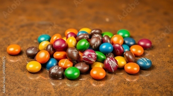 Fototapeta Colorful candy-coated chocolate drops scattered on a smooth surface, vibrant lighting, realistic photography style, no text, isolated, commercial food presentation