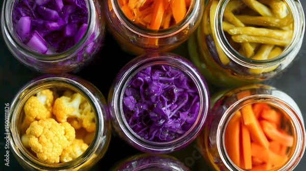 Obraz Overhead View of Colorful Pickled Vegetables in Glass Jars Arranged in Grid Pattern