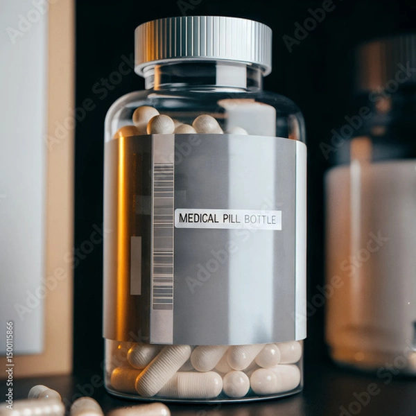 Fototapeta Close up of a clear medical pill bottle with white capsules on a dark background