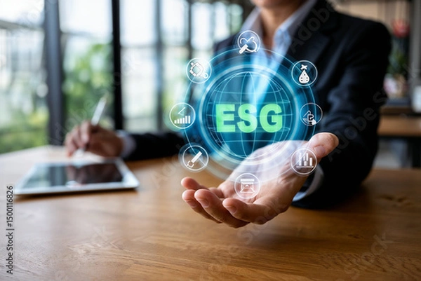 Fototapeta Businesswoman showing esg environmental social governance interface with icons in a meeting