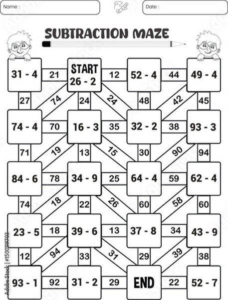 Obraz Subtraction maze puzzle worksheet for children