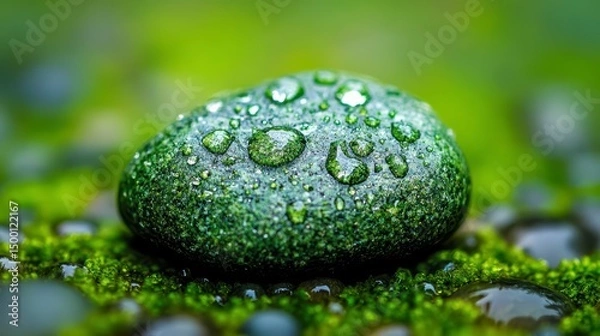 Fototapeta Green rock with water droplets on it. The droplets are small and scattered, giving the rock a wet