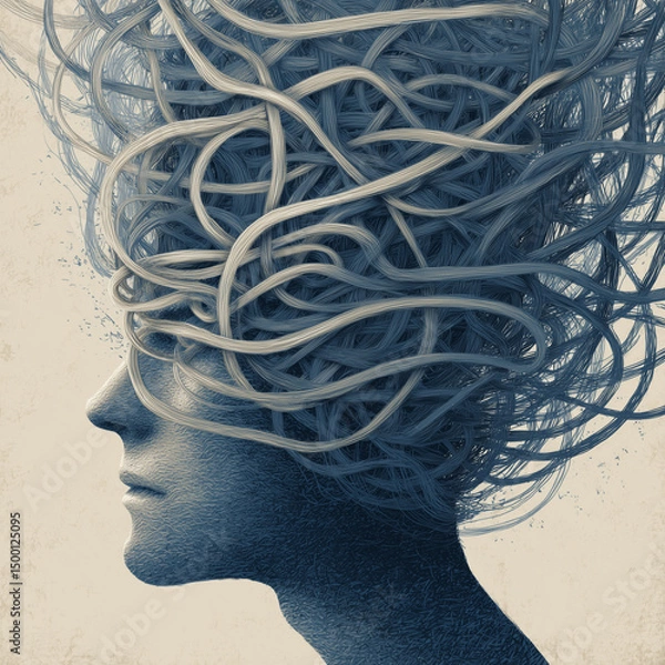 Obraz abstract illustration of overthinking, tangled lines around a human head, symbolic mental overload, emotional chaos, blue and gray tones