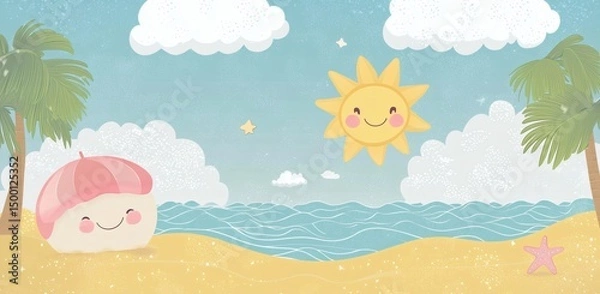 Obraz Cute Summer Beach Scene with Cartoon Sun and Smiling Characters