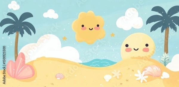 Obraz Cute Summer Beach Scene with Sun, Clouds, and Palm Trees Illustration