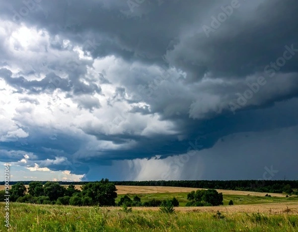 Obraz Dramatic rain falling on field under storm clouds