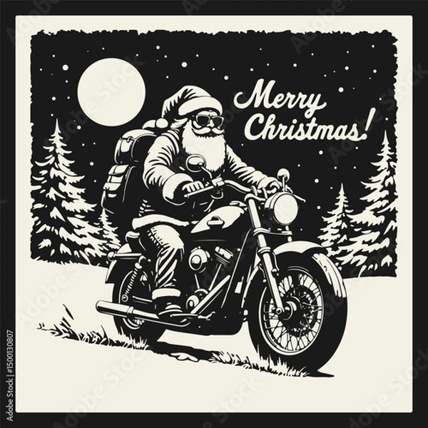 Fototapeta Vintage woodcut style black and white vector of Santa Claus on a motorcycle with backpack and sunglasses, riding through snowy forest with "Merry Christmas" handwritten text behind.