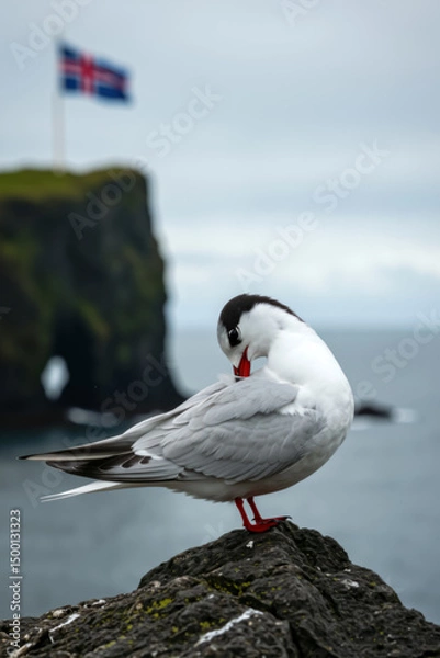 Fototapeta Vertical shot of Arctic tern with an Icelandic flag on a cliff in blurred background.