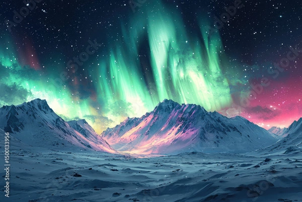 Fototapeta Vibrant aurora borealis illuminates a snow-covered mountain range under a starry sky.